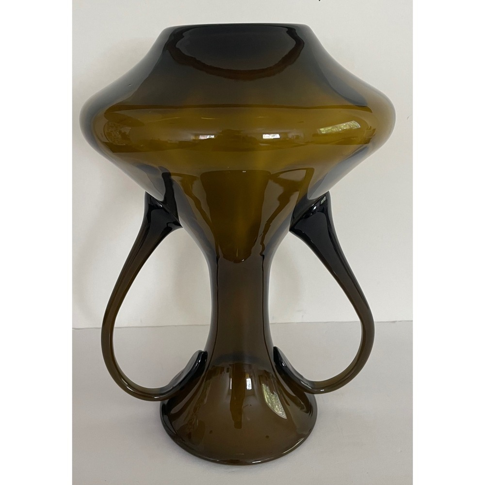 Vtg Mid Century Modern Empoli Glass Double Handle Hand Blown Olive Brown 10.5"" - Picture 7 of 14